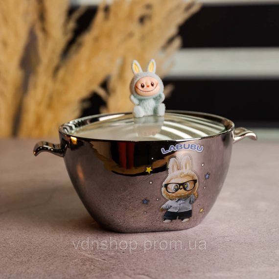 Бульонница фарфоровая Labubu с крышкой и ручками 800 (мл) Ø15 (см) Серебристый с голубым FM-34D