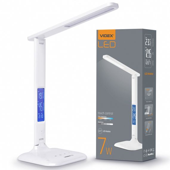 Светодиодная настольная лампа VIDEX VL-TF05W 7W 3000-5500K 220V с регулировкой температуры света, термометром, часами, календарем