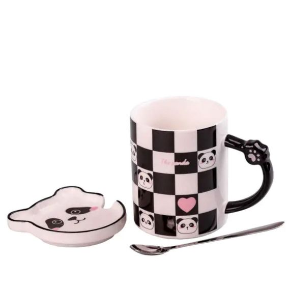 Чашка порцелянова The Panda 350мл з блюдцем і ложкою Шахматка HPCY8369CH | Зображення 1