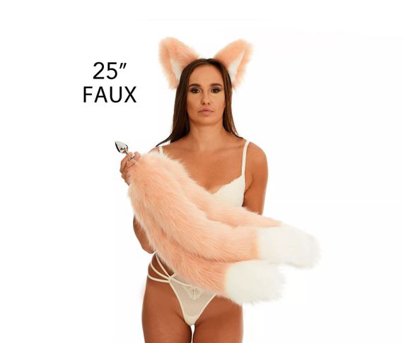 Анальный тройной меховой хвост без пробки, Персиковый с белым кончиком, OKOVA 60 см sexstyle