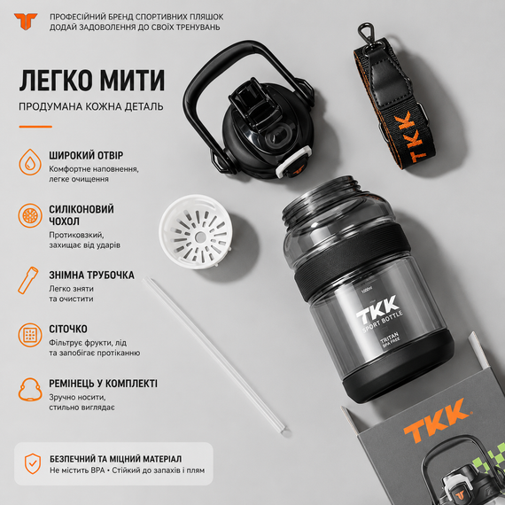 Спортивная бутылка TKK (2000 мл) - Полупрозрачный черный Tritan BPA-free, с мощной ручкой и кнопкой-фиксатором | Зображення 6