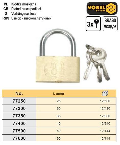 Замок навісний Польща дуговий латунь l=30 мм VOREL-77300