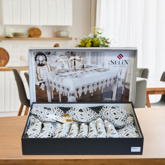 Льняная скатерть с ранером Selin Imran Set 160×300+12 салфеток кремовая | Зображення 1
