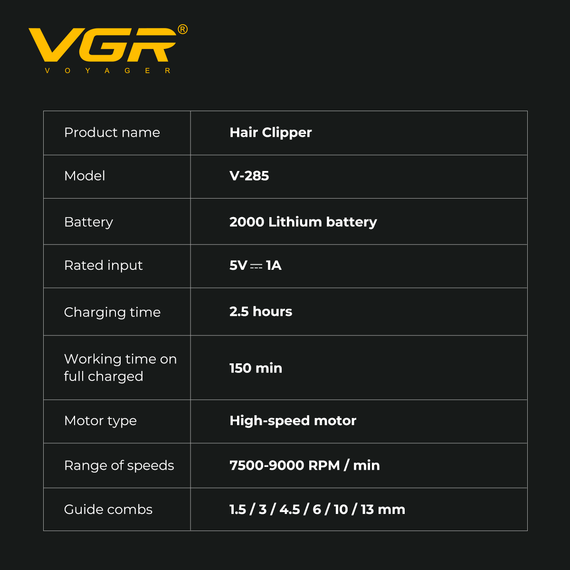 Аккумуляторная машинка для стрижки VGR V-285, 6 насадок, 9000 RPM, 2000 mAh, LED дисплей | Зображення 1