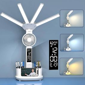Аккумуляторная LED лампа / Настольная лампа 3в1 с аккумулятором 3200мАч и USB-дисплеем / Аккумуляторная LED лампа-органайзер с вентилятором и часами
