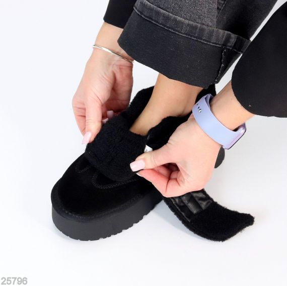 Молодежные черные угги автоледи натуралки с мехом тедди на липучке | Зображення 7