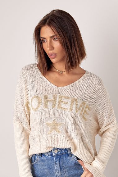 В'язаний жіночий пуловер з написом Boheme - молочний цвет, ONE SIZE (є розміри) | Зображення 4