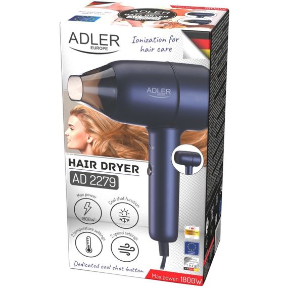 Фен Adler AD 2279b blue 1800Вт/ 2 швидкості/ хол.обдув/ темп.режимів-2/іонізація/ насадки - 1 шт. | Зображення 3