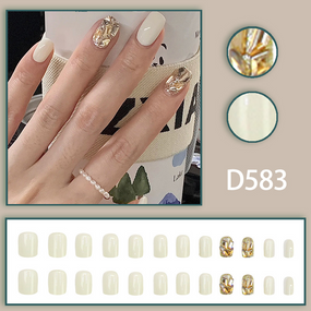 Накладные ногти с клеем D583 Белый с золотистым 24 шт (A9480)