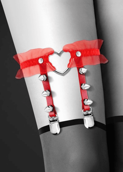 Гартер на ногу, сексуальная подвязка с сердечком Bijoux Pour Toi - WITH HEART AND SPIKES , Красный, One Size, ONE SIZE