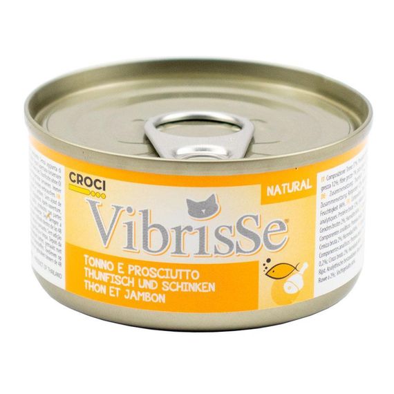 Блок консервованого корму для котів з тунцем і шинкою в соусі Croci Vibrisse 24*70 г