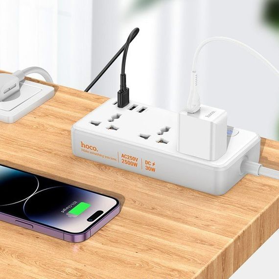 Удлинитель Hoco AC8A Storm (PD30W/1C/3A/3xSocket) (1.5m) White | Зображення 2