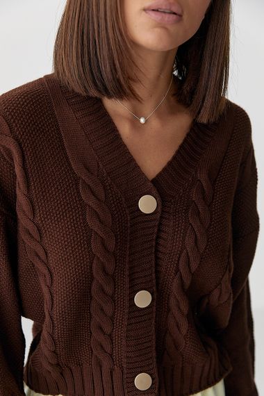 Короткий в'язаний кардиган з косичками - коричневий цвет, ONE SIZE (є розміри) | Зображення 3