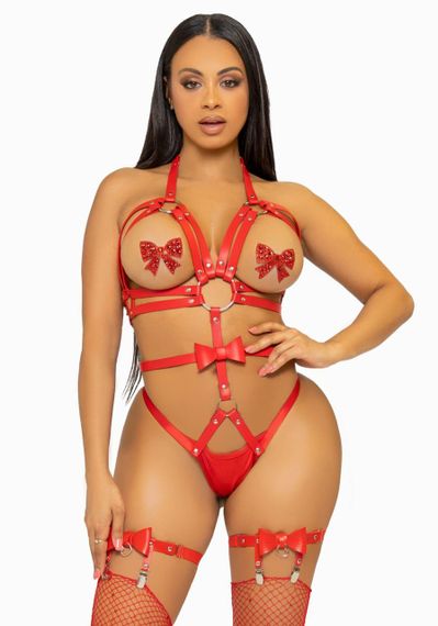 Портупея-тедди из ремней Leg Avenue Studded O-ring harness teddy L Red, экокожа sexstyle
