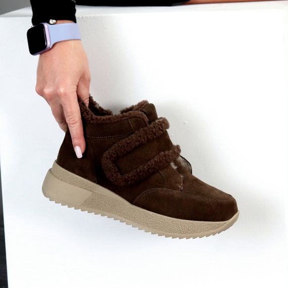 Шоколадные замшевые зимние спортивные ботинки, молния + липучка | Зображення 2