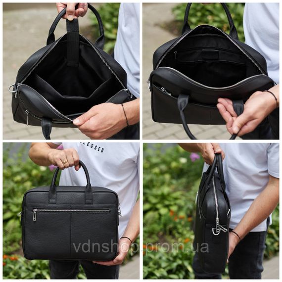 Чоловічий портфель на плече 38х28х8.5, офісний шкіряний месенджер, чоловіча ділова сумка для міста, чорна | Зображення 6