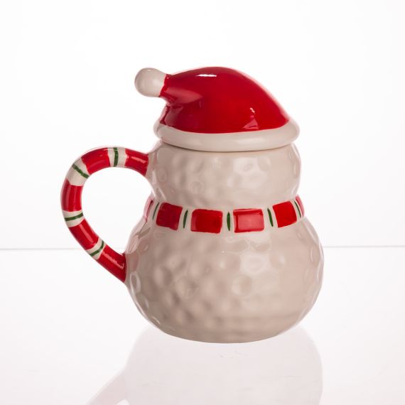 Новорічна порцелянова чашка з кришкою для чаю та кави 400 (мл) Сніговик дитяча чашка на подарунок на новий рік CR-1-34 | Зображення 1