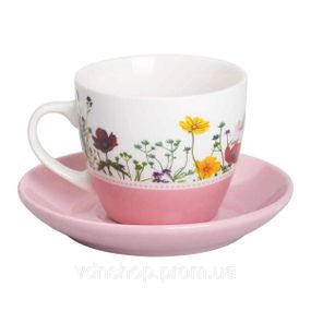 Порцелянова чашка з блюдцем 250 мл з квітами Рожева RX-N24723P