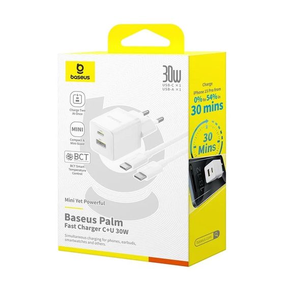 СЗУ Baseus Palm Fast Charger 30W (1USB-A/1C) + кабель Type-C to Type-C (P1011160A) Moon White | Зображення 5