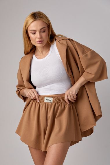 Трикотажный костюм с шортами клеш и рубашкой oversize - коричневый цвет, M (есть размеры) | Зображення 5