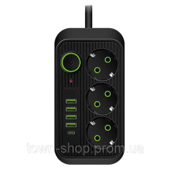 Сетевой фильтр F09U, 3 розетки EU + 4 USB + 1PD, кнопка включения с индикатором, 2 м, 3х0,75мм, 2500W, Black,
