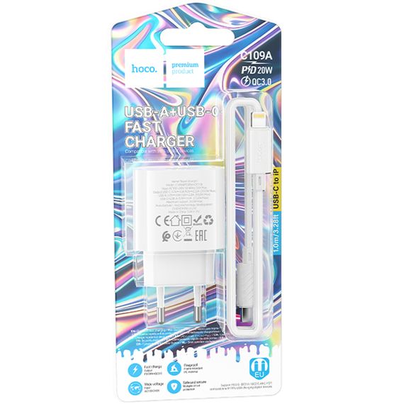 МЗП Hoco C109A Fighter PD20W+QC3.0 (1USB-A/1C) + кабель Type-C to Lightning White | Зображення 1