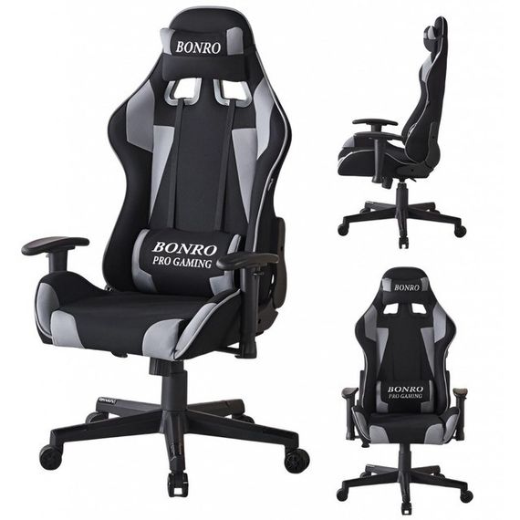 Крісло геймерське з тканини Bonro Бонро B-142 чорно-сіре + 2 подушки (42401117)