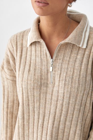 В'язана кофта-поло в широкий рубчик - бежевий цвет, ONE SIZE (є розміри) | Зображення 3