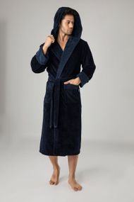 Чоловічий однотонний халат велюровий Nusa 2805 з капюшоном, темно-синій XL