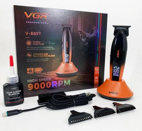 Машинка для стрижки VGR V-889T LED дисплей аккумулятор 9000 об/мин керамические лезвия 3 насадки 1-3 мм Оранжевая | Зображення 5