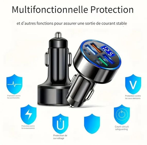 Автомобільний зарядний пристрій USB-C з дисплеєм напруги, 4 USB і 2 PD-порти, QC3.0, Super Fast заряджання | Зображення 1