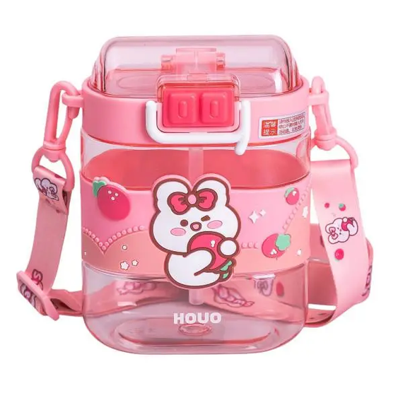 Пляшка для води дитяча з трубочкою та ремінцем 560 мл пляшечка для пиття в школу 15 см Рожева HP-14-36P