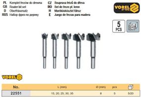 Набір фрез дерево Ø=8мм l=15-35мм 5шт VOREL-22551