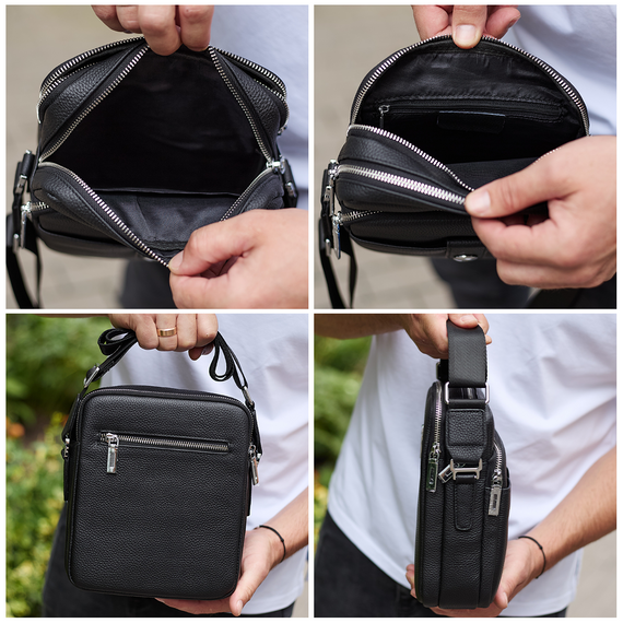 Чоловіча шкіряна універсальна сумка 24х20х8, барсетка зі шкіри, сумочка для чоловіків з регулюванням ручки, чорна | Зображення 7