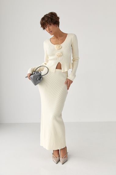 Приталений костюм в рубчик з кофти та спідниці - молочний цвет, ONE SIZE (є розміри) | Зображення 4