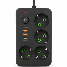 Сетевой фильтр-удлинитель 4 розетки 2xUSB-A 1xUSB-C 3м черный HP-5-46