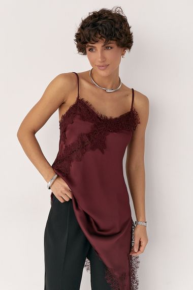Сатинова майка з мереживом - бордо цвет, ONE SIZE (є розміри)