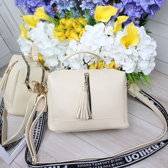 Сумка саквояж через плече крос-боді тканинний ремінь Бежева