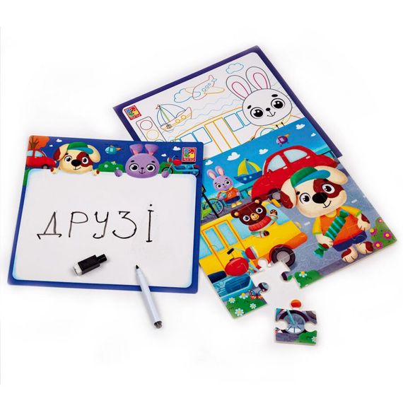 Развивающий набор 4 в 1 "Транспорт" VT2002-06 пазл, раскраска, маркер | Зображення 1