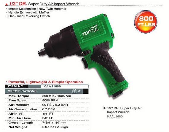 Пневмогайковерт професійний TOPTUL 1/2" 1085N/m 8000об/хв KAAJ1680 | Зображення 1