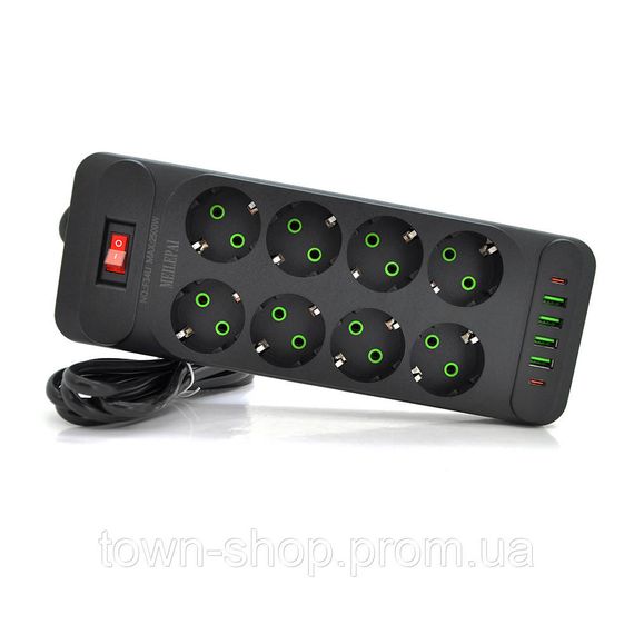 Сетевой фильтр F34U, 8 розеток EU + 4 USB + 2 PD, кнопка включения с индикатором, 2 м, 3х0,75мм, 2500W