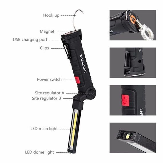 Фонарь кемпинг W51-SMD+COB, поворот на 180º+180º, магнит, зажим, крюк для подвеса, встроенный аккумулятор | Зображення 5