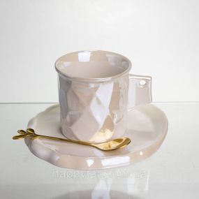 Чашка фарфоровая для кофе 200 (мл) с блюдцем и ложкой, красивая чашка в подарок Белый FM-2B
