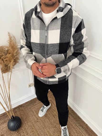 Тепла чоловіча байкова сорочка в клітку на блискавці з капюшоном розмір 44/46 колір чорний adl1004 | Зображення 1