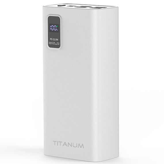 Повербанк зі швидкою зарядкою TITANUM TPB-728S-W 30000mAh 22.5W  4USB, Micro USB, Type-C White