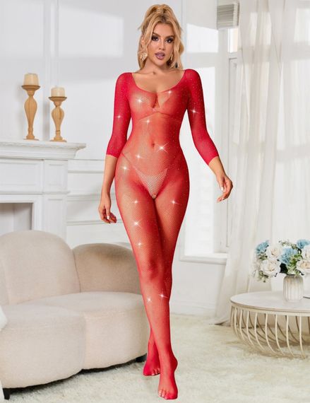 Комбінезон сітка зі стразами Star Night та відкритим доступом, червоний, XS-M Sex Aura