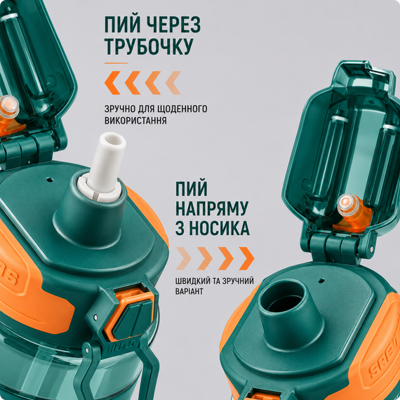Спортивная бутылка KANGZYUAN 500 мл - Зеленая Tritan BPA-free, ударопрочная эко-бутылка с трубочкой и ремешком | Зображення 3