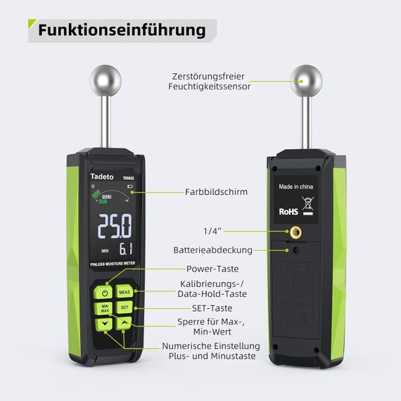 Вологомір, Вимірювач вологості TE0022 з глибиною аналізу 20-40 мм, кольоровим РК-дисплеєм, | Зображення 3