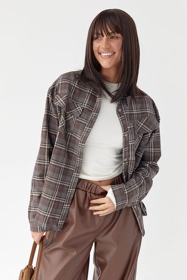 Клітчаста сорочка з напівкруглим низом - коричневий цвет, S (є розміри)