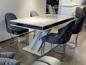 Обеденный раскладной стол Милано (Milano) с золотым декором на глянцевой столешнице и ноге 180-220-260х95 см Milk marble Top + Gold